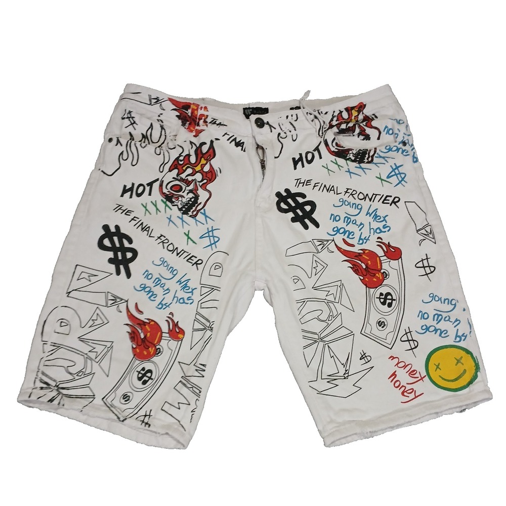 WAIMEA Size 42 Skinny Fit Graffiti White‎ Men Denim Painted Jeans Shorts